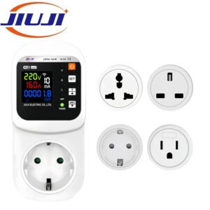 Jiuji JJSVA-16LW WiFi leakage protector socket with voltage protection, current protection, kWh energy meter, and timer function.